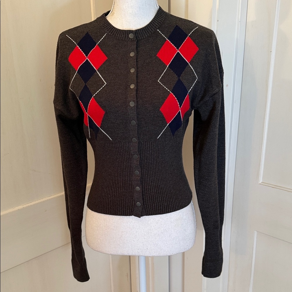 Lioness Charcoal Argyle Button-Front Cardigan with Red & Navy Diamonds